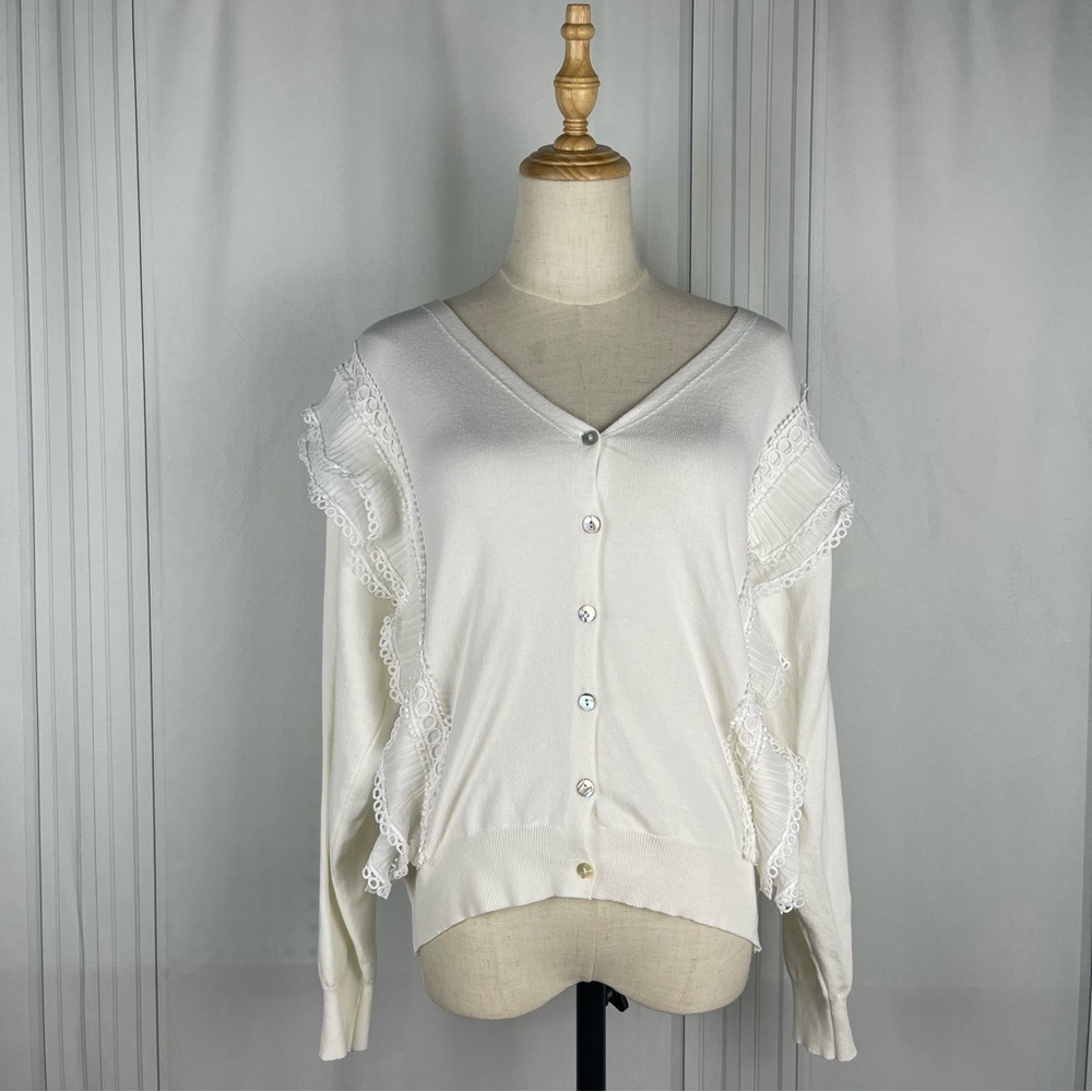 Molly Bracken Ruffle Knit V-Neck Cardigan - White/Cream - Women's Size‎ Medium